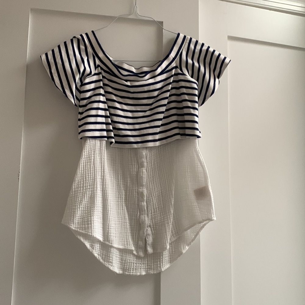 Anthropologie postmark blue striped off the shoulder shirt - Picture 3 of 7